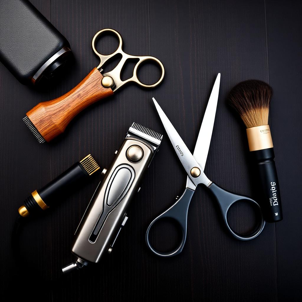 Barbering tools laid out on dark wood